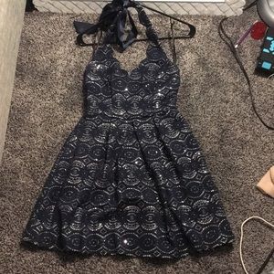 navy blue and silver sequins dress
